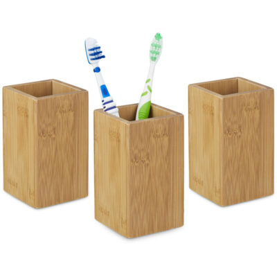 3 x Zahnputzbecher Bambus, Zahnbürstenhalter eckig, Bambusbecher für Zahnbürste und Zahnpasta, HBT 11 x 6,5 x 6,5 cm, natur