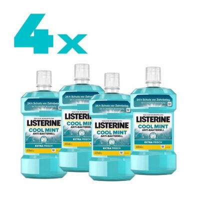 Listerine Mundspülung, Cool Mint Extra Frisch Zahnschutz umfassende Mundhygiene 4x600ml, (4er Pack, 4-tlg) Antibakterielles Mundwasser
