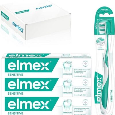 elmex Zahnpflege-Set Sensitive Set 3x Zahnpasta & 1x Zahnbürste - schmerzempfindliche Zähne, 4-tlg.