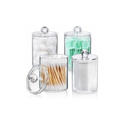 4er-Pack Qtip-Halter für Wattebausch, Wattestäbchen, Wattepads, Zahnseide - 10 oz durchsichtiger Apothekerbehälter aus Kunststoff für die
