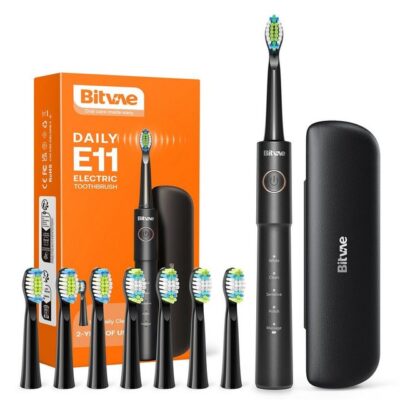 Bitvae Elektrische Zahnbürste E11, Aufsteckbürsten: 8 St., Wiederaufladbare USB-Zahnbürste mit Timer, 5 Modi, Ultraschall-Elektrozahnbürste mit Tragetasch