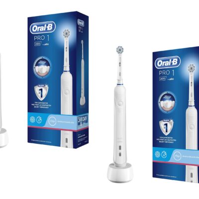 Doppelpack Oral-B PRO 1 200 Elektrische Zahnbürste/Electric Toothbrush für eine gründliche Zahnreinigung, 3 Putzprogamme, Drucksensor & Timer, 1 Sensitive Clean Aufsteckbürste, Geschenk Mann/Frau, weiß
